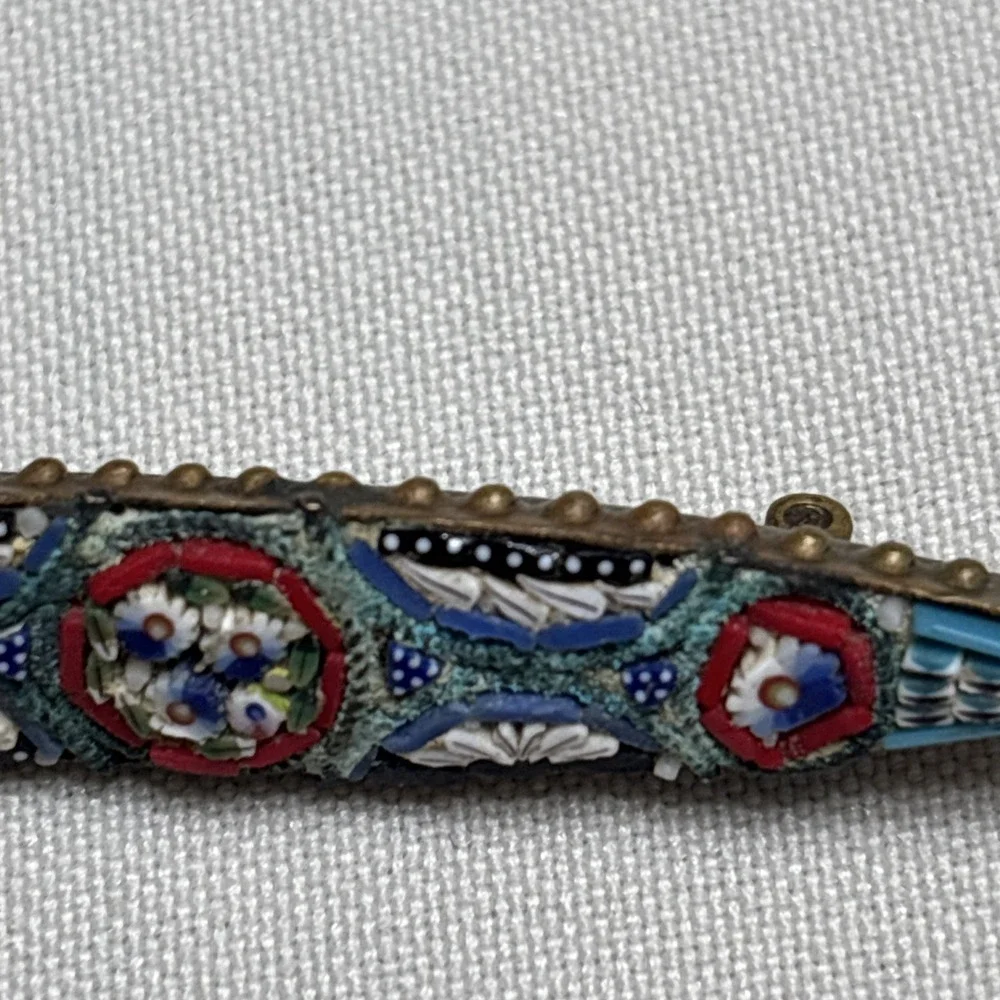 Vintage Venetian Grand Tour Micro Mosaic Flower Brooch Bar Pin